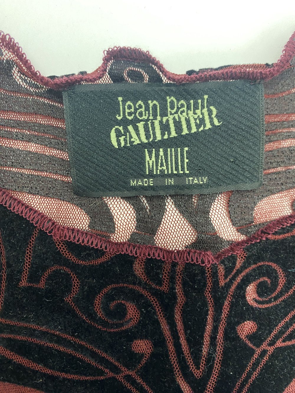 Jean Paul Gaultier S/S 1996 flocked tattoo print mesh top — JAMES