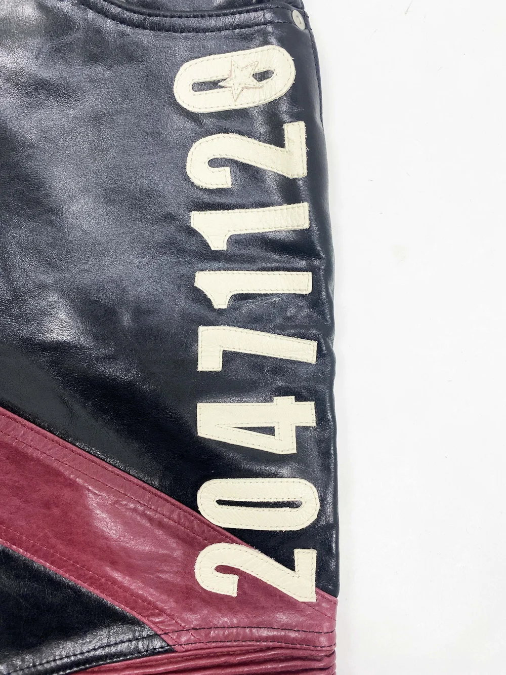 20471120 leather patchwork moto pants — JAMES VELORIA