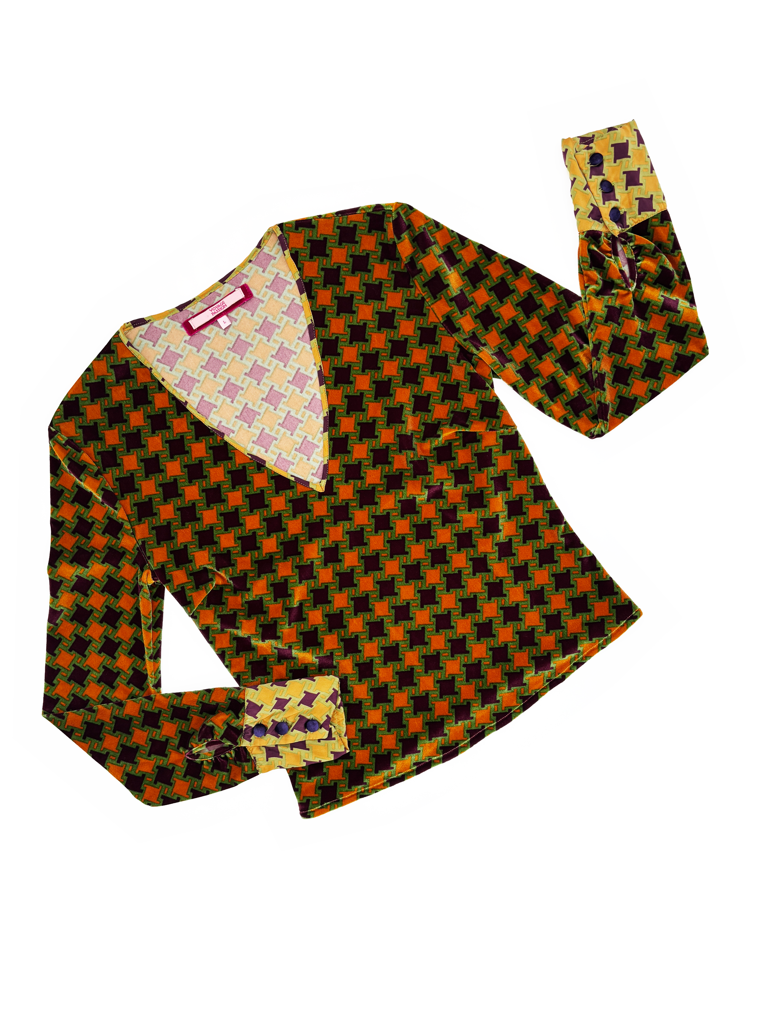 voyage-passion-orange-green-purple-plaid-velour-shirt-vneck-contrast-cuffs-houndstooth-vintage-y2k-italy.png