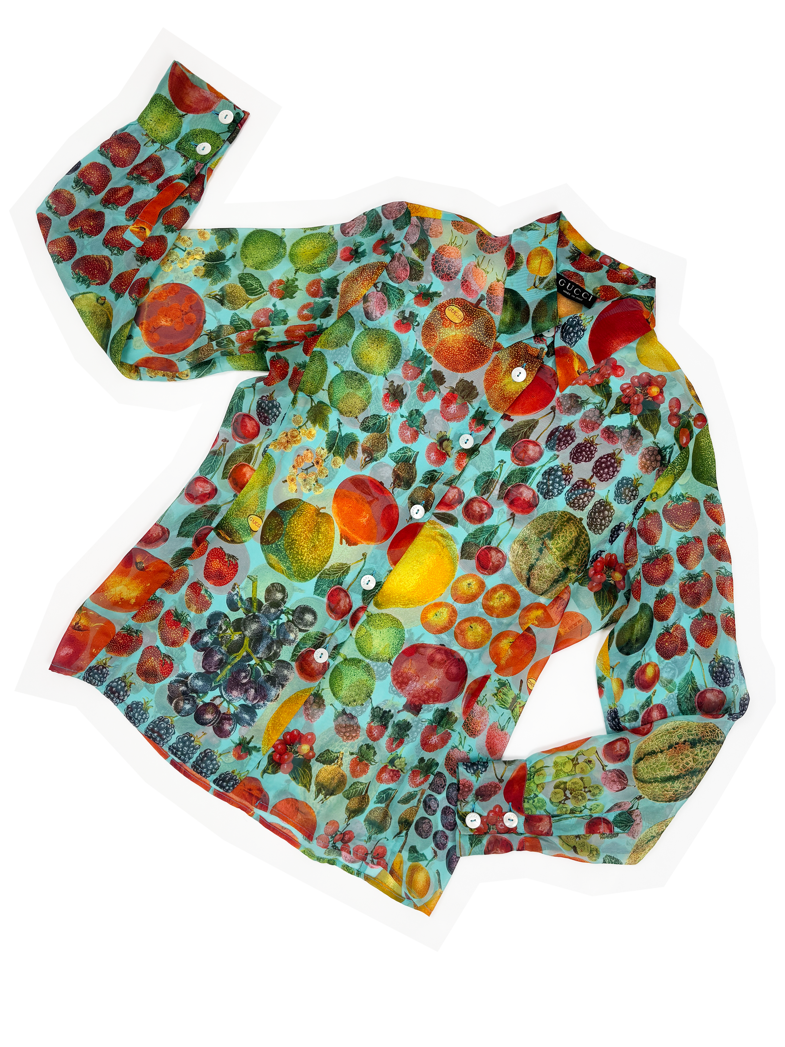 Gucci 1996 silk chiffon fruit print shirt
