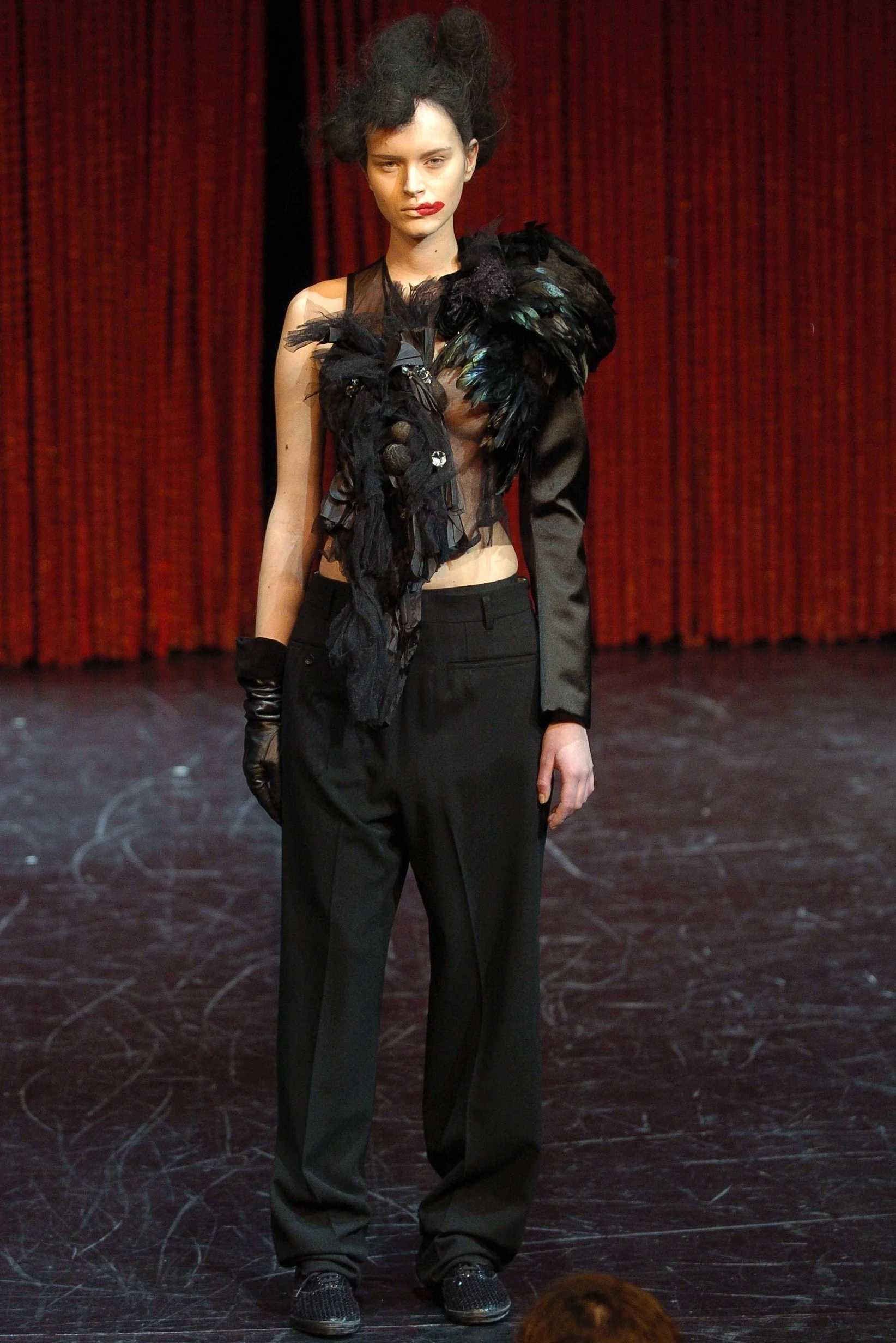 comme-des-garcons-fall-winter-2004-fw-sheer-hook-and-eye-fishnet-mesh-top-sheer-vintage-y2k-ruffles-balls-brown-black-cdg-runway.JPG