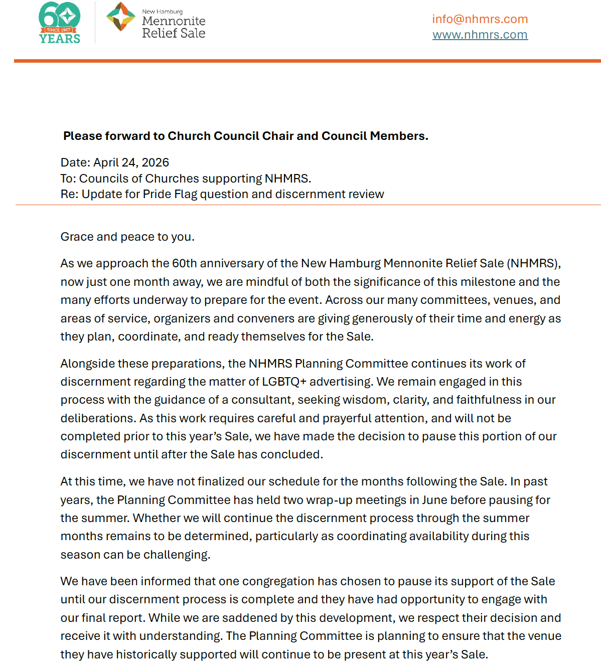 Update on New Hamburg Mennonite Relief Sale