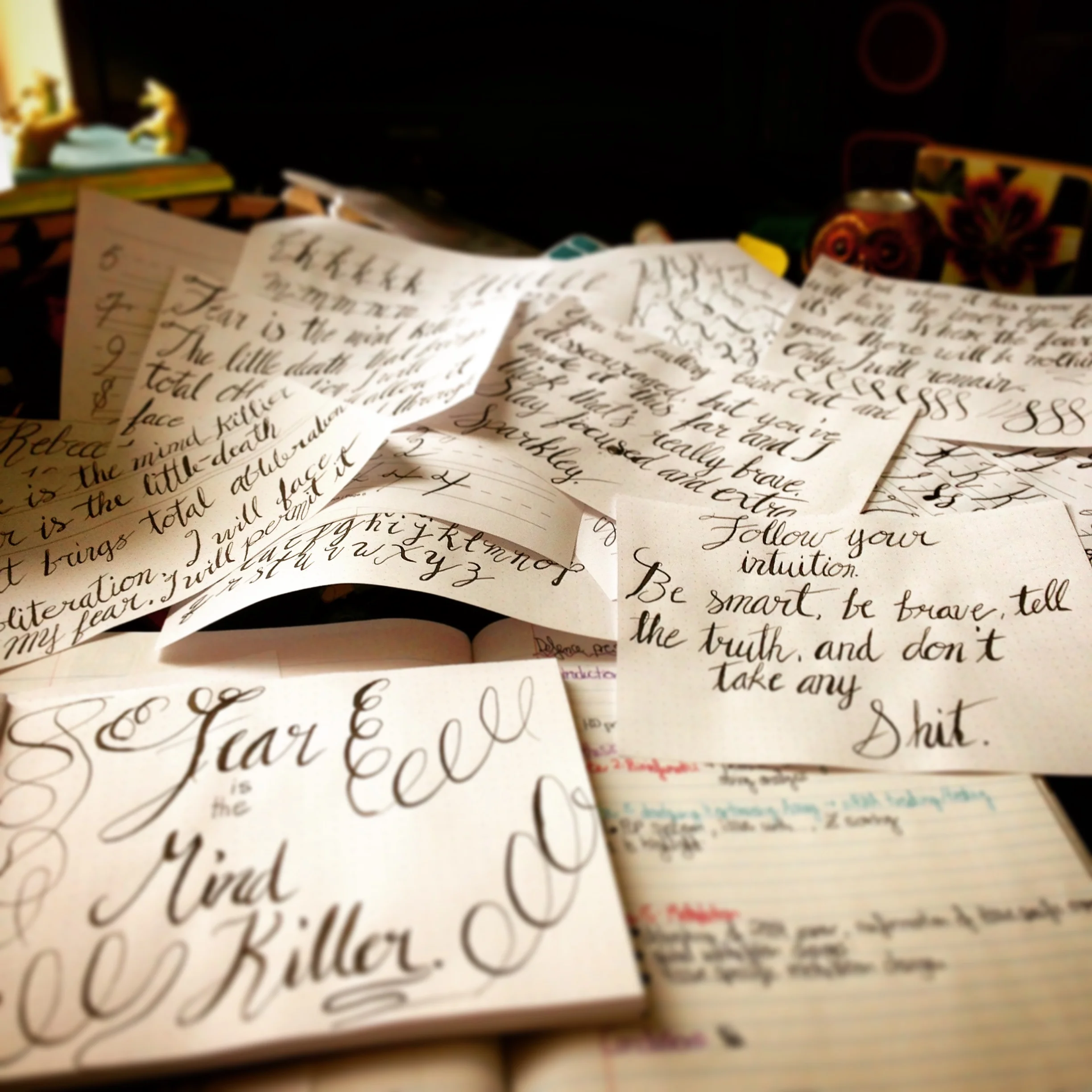 Some practice dip pen calligraphy I did about a year ago while prepping to defend my thesis. I needed a distraction so I practiced some dip pen calligraphy using some 'inspirational' quotes. I often find it hard to practice without having something in mind to write so looking up some quotes made it easier.....it also felt justified as I figured writing down motivating quotes would be better than just reading them.