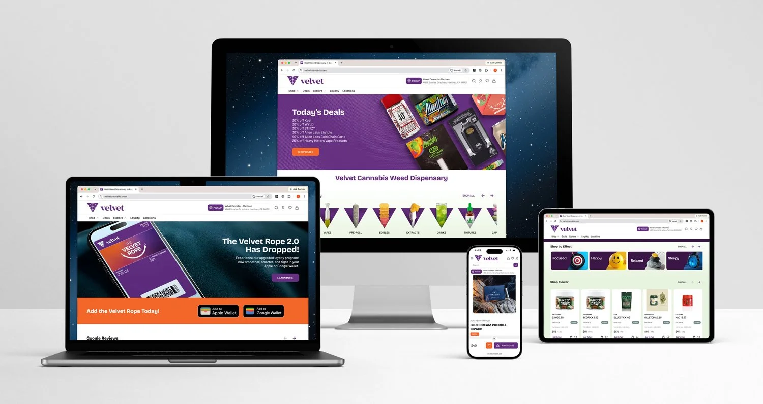Multiple device view of VelvetCannabis.com website layouts.