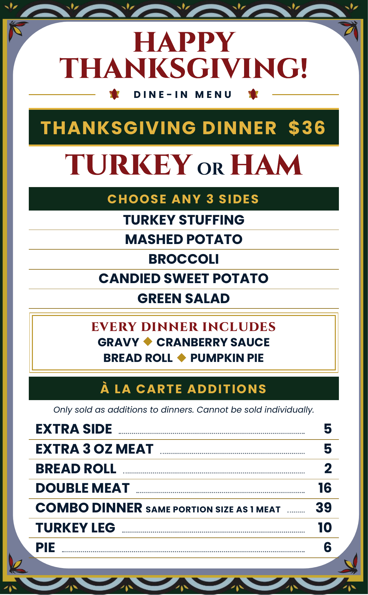 Tommy's Joynt Thanksgiving 2026 dine-in menu: turkey or ham dinner with 3 sides, gravy, cranberry sauce, bread roll and pumpkin pie, $36