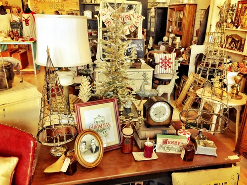 a selection of holiday decorations on display inside a store
