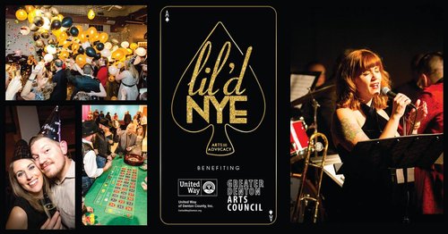 a new year's eve flyer for greater denton arts council with pictures of people celebrating at a casino