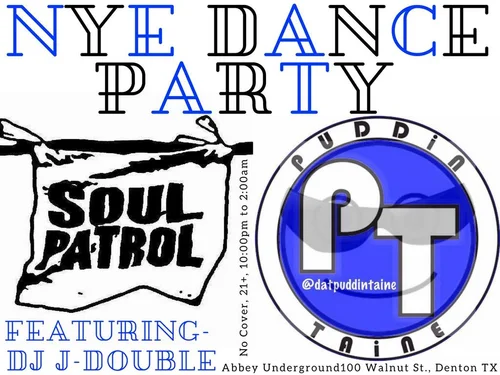 a new year's eve flyer with two written logos on it for two bands in denton 