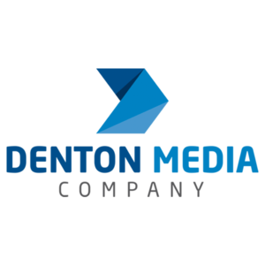 the blue denton media company logo that reads " denton media company"