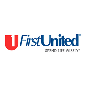 a first united bank logo that reads "first united - spend life wisely" with a red u design that has a 1 in it