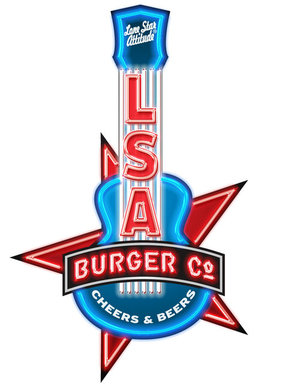 lsa burger logo that is a red and blue neon sign in the shape of a guitar that reads " lone star attitude burger co."
