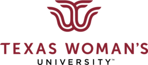a maroon texas women's university logo that reads " texas women's university"
