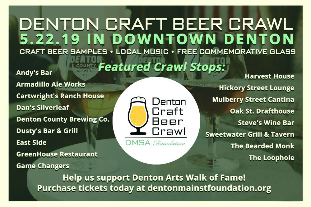 craft beer crawl stop lineup with event logo and information to rsvp to the craft beer crawl at dentonmainstfoundation.org