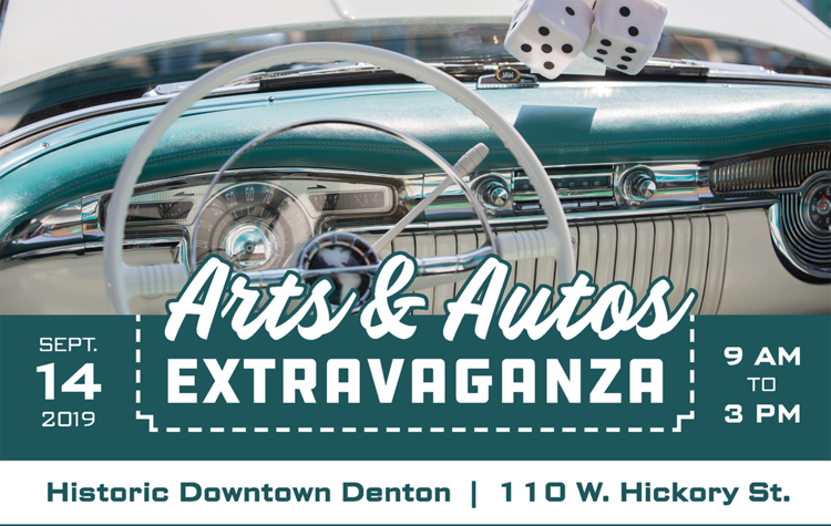 an arts and autos logo listing september 14th 2019 as the date. "Arts & Autos Extravaganza" with a picture of the inside of a car with white leather interior.