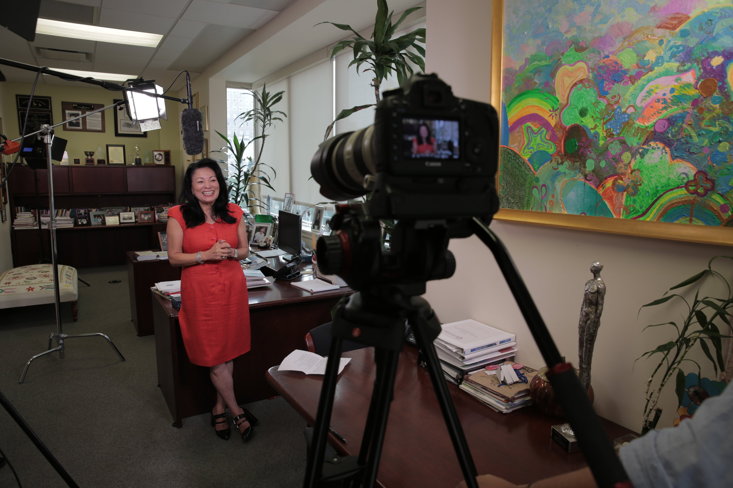 Dr. Gloria Bonilla-Santiago preps for our interview at the LEAP Academy in Camden, NJ.