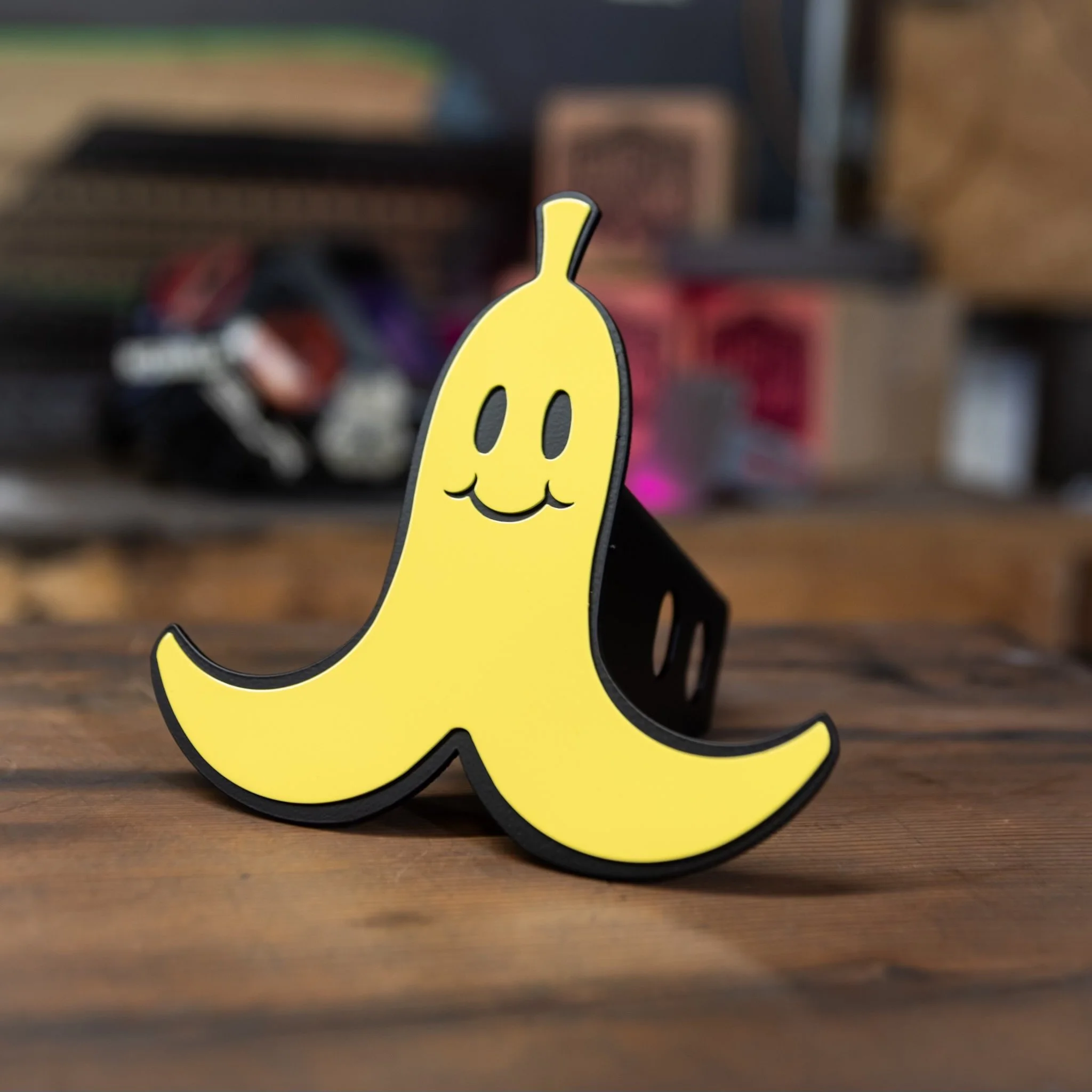 Funny banana peel trailer hitch cover inspired by Mario Kart racing game.