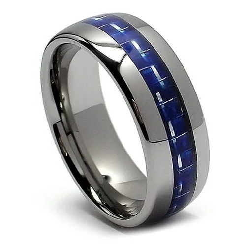 Cloud Dancer Tungsten Carbide Wedding Ring – 8mm Silver/Black/Blue Dome With Dog Paw Print, Comfort Fit