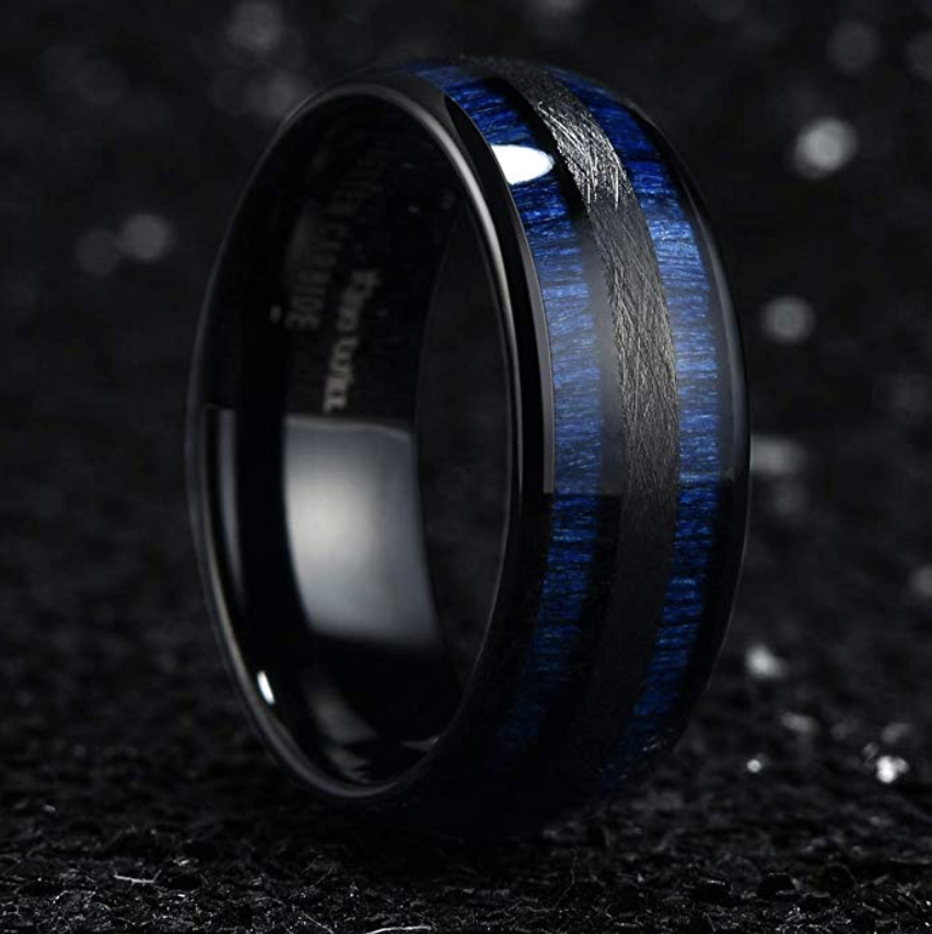 BlueLux Blue Wood Black Tungsten Ring — JKCRings.com Unique Mens ...