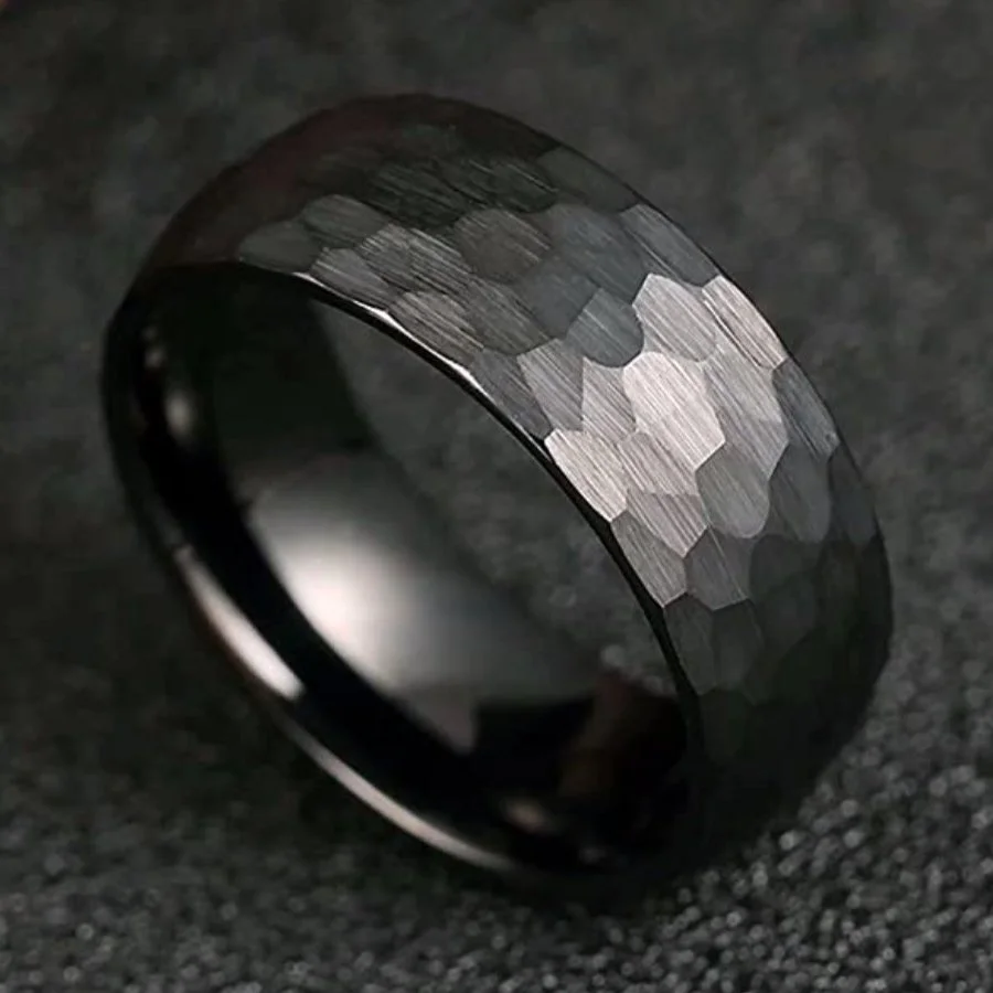 Black Hammered Tungsten Ring Hammered B — Unique
