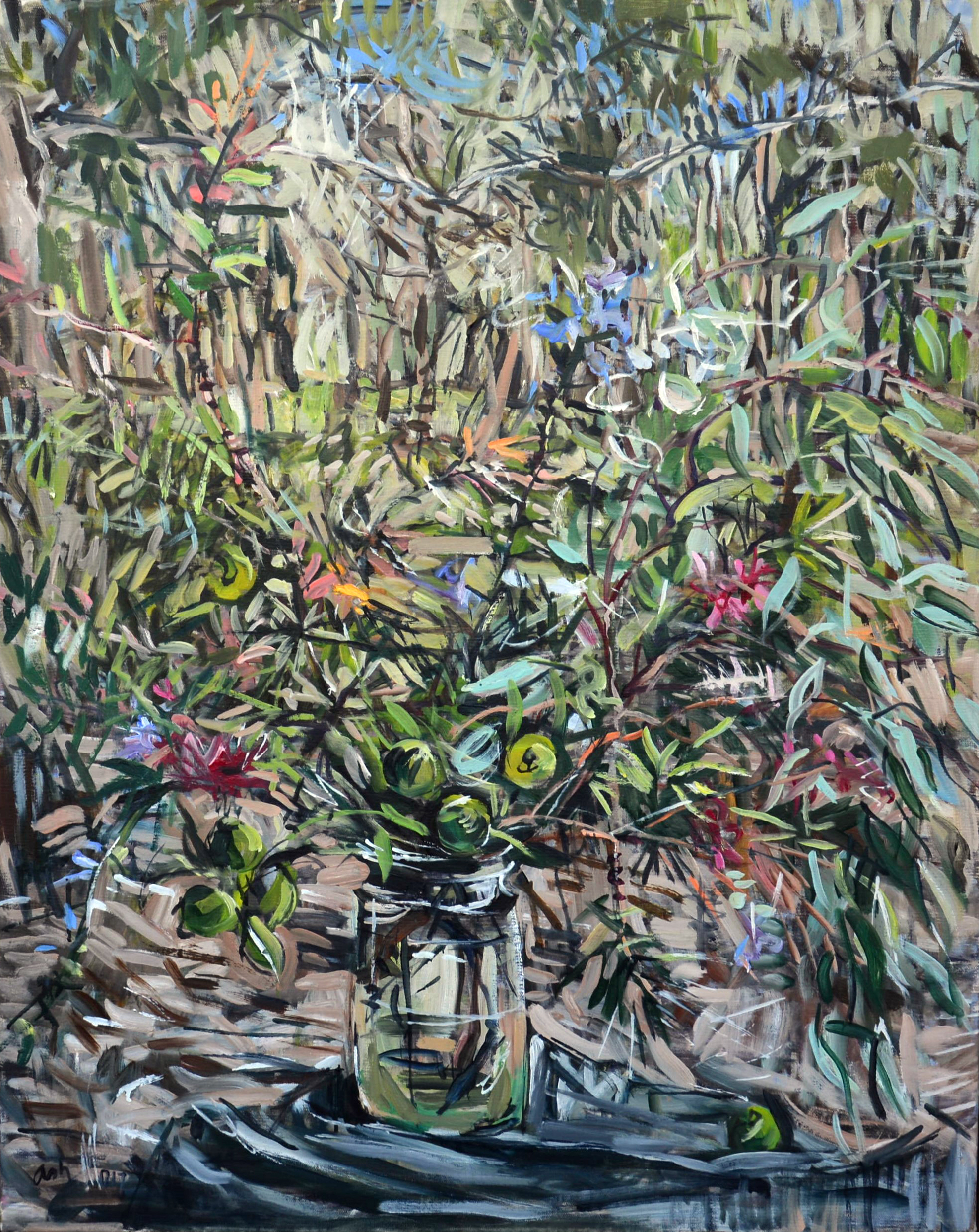 Bottle brush and bush lemon in the landscape , 2017, oil on linen, 100cm x 80cm