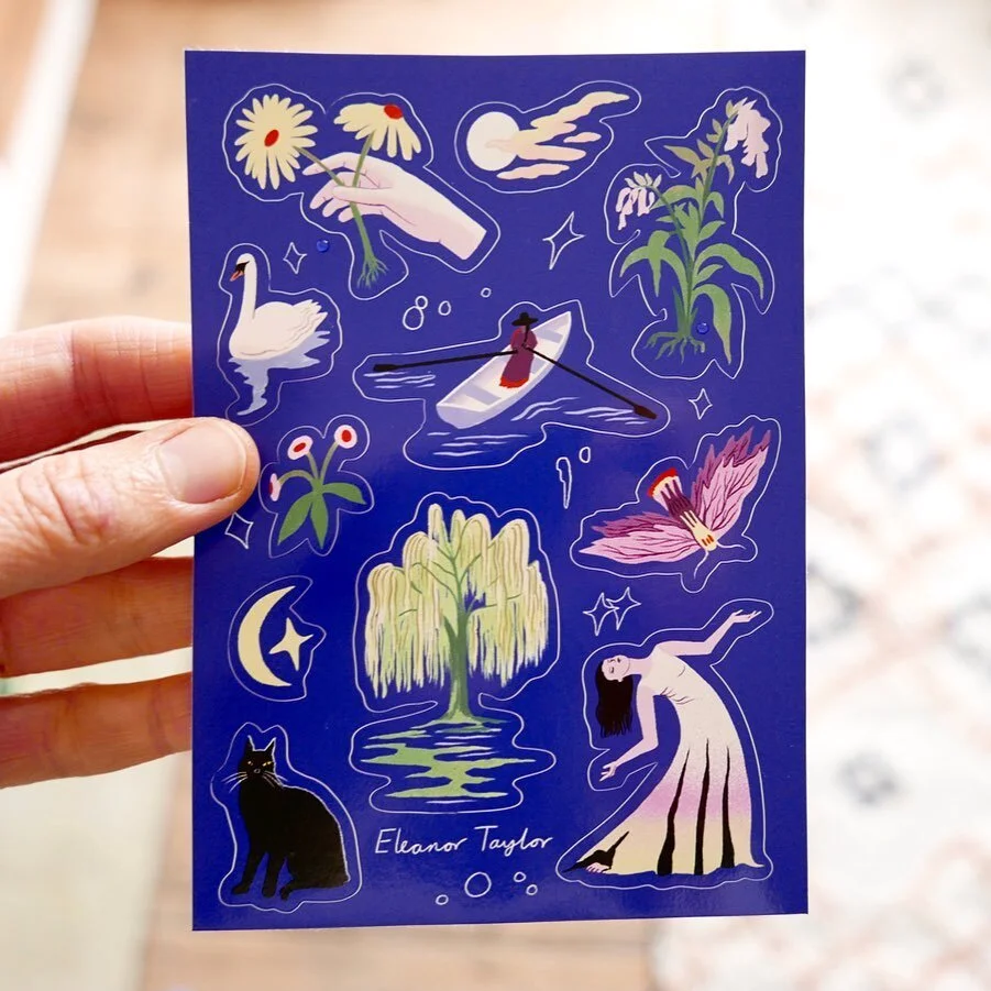 I&rsquo;ve create a moonlight sticker sheet! 🌚🐈&zwj;⬛🛶💃💫🥀 now available in my shop.