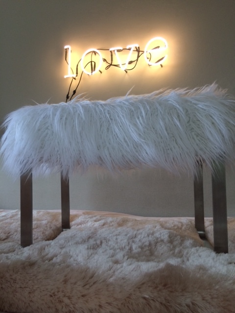White faux fur vanity stool £250 By Justine Emmett on www.etsy.com