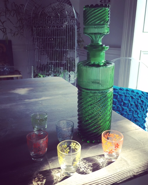 Emerald green decanter and pretty coloured shot glasses proved an insta-hit this week
