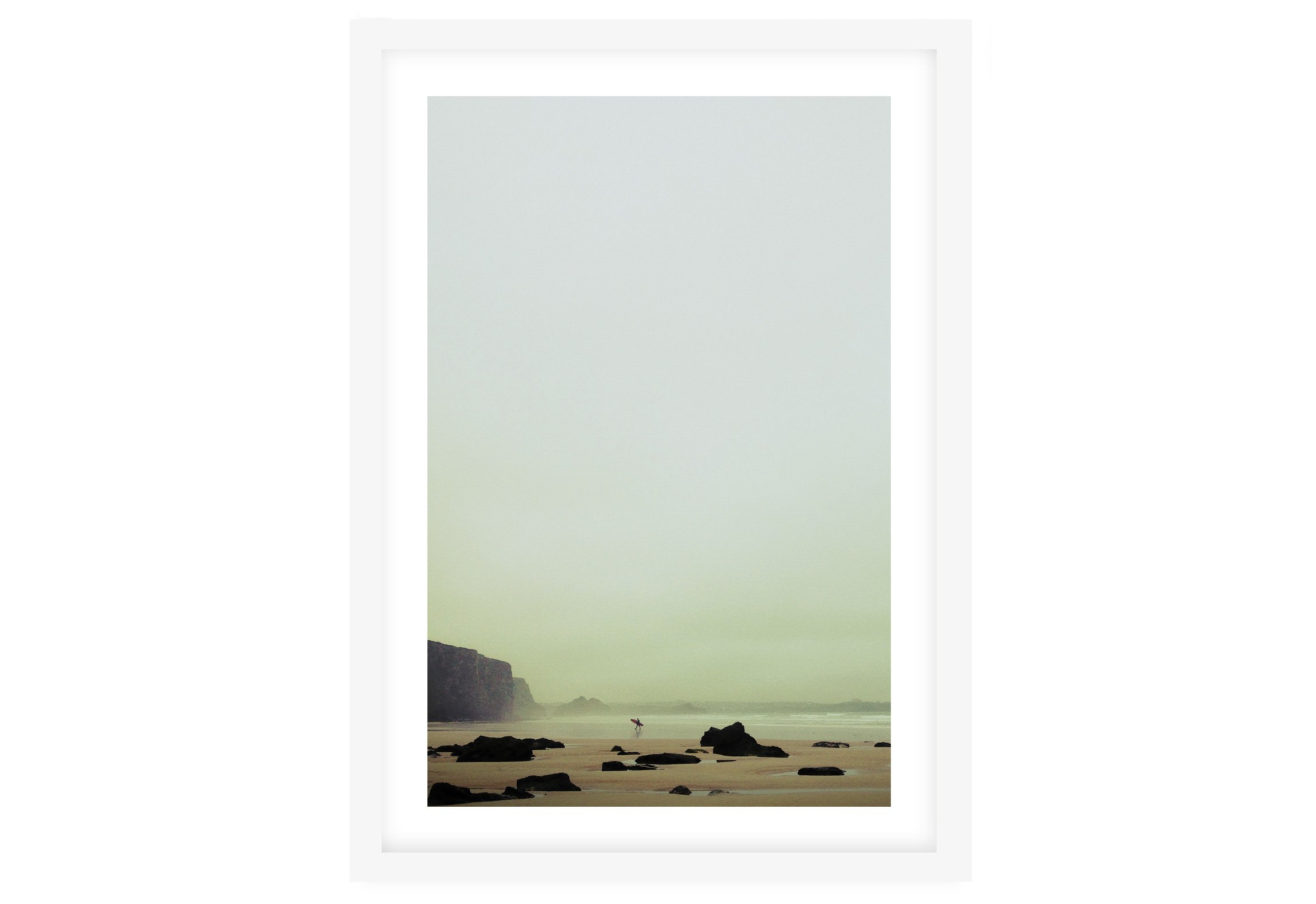 Surfer in the Mist at Watergate Bay Framed Print