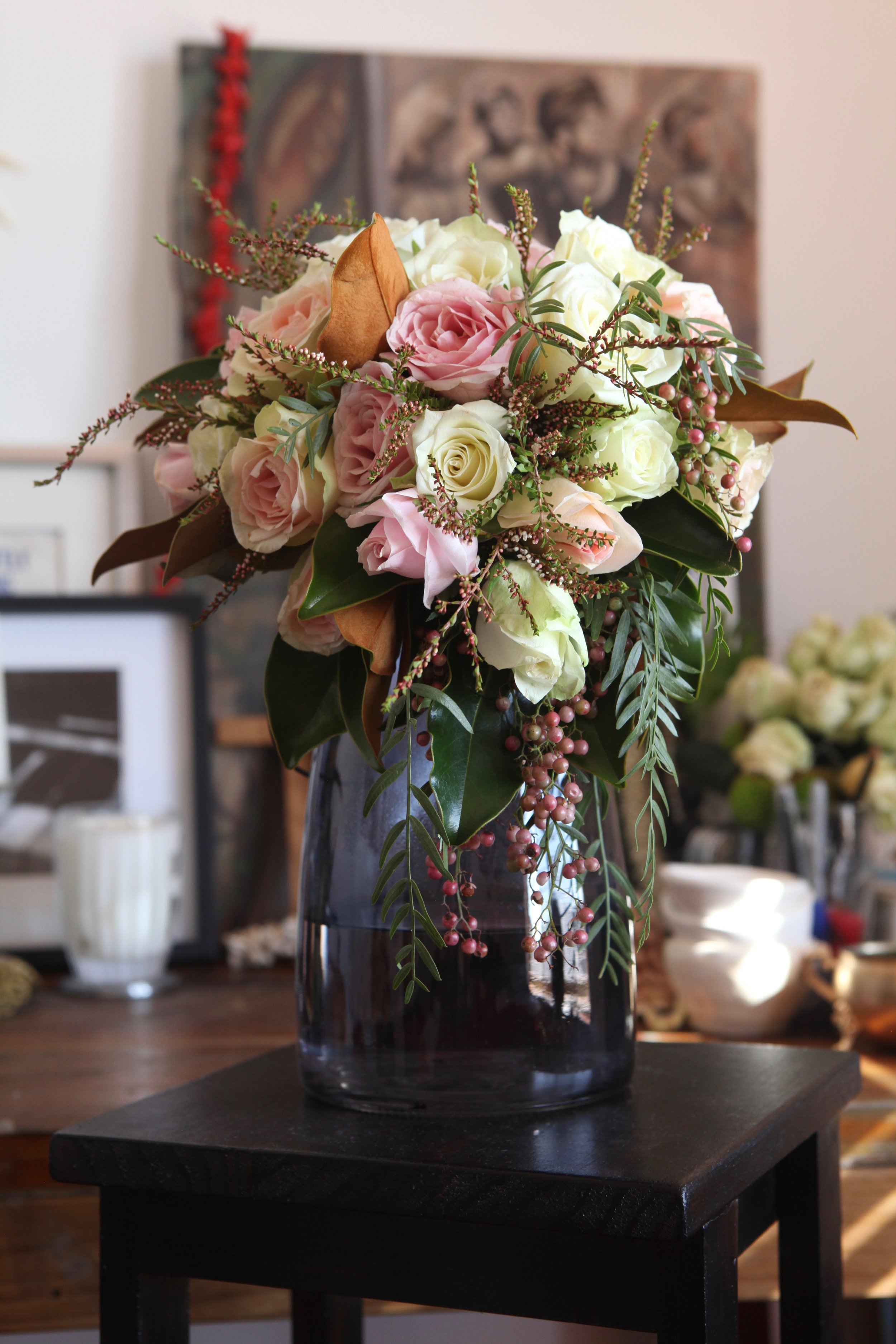 A wired boho-inspired bouquet. Wired means that the rose or flower heads are cut off the stem and then attached to a piece of wire. When you wire flowers, you can control and manipulate the way that they will sit in a bouquet. It's a labour intensive floristry technique but worthwhile if you want to achieve a certain look or style.
