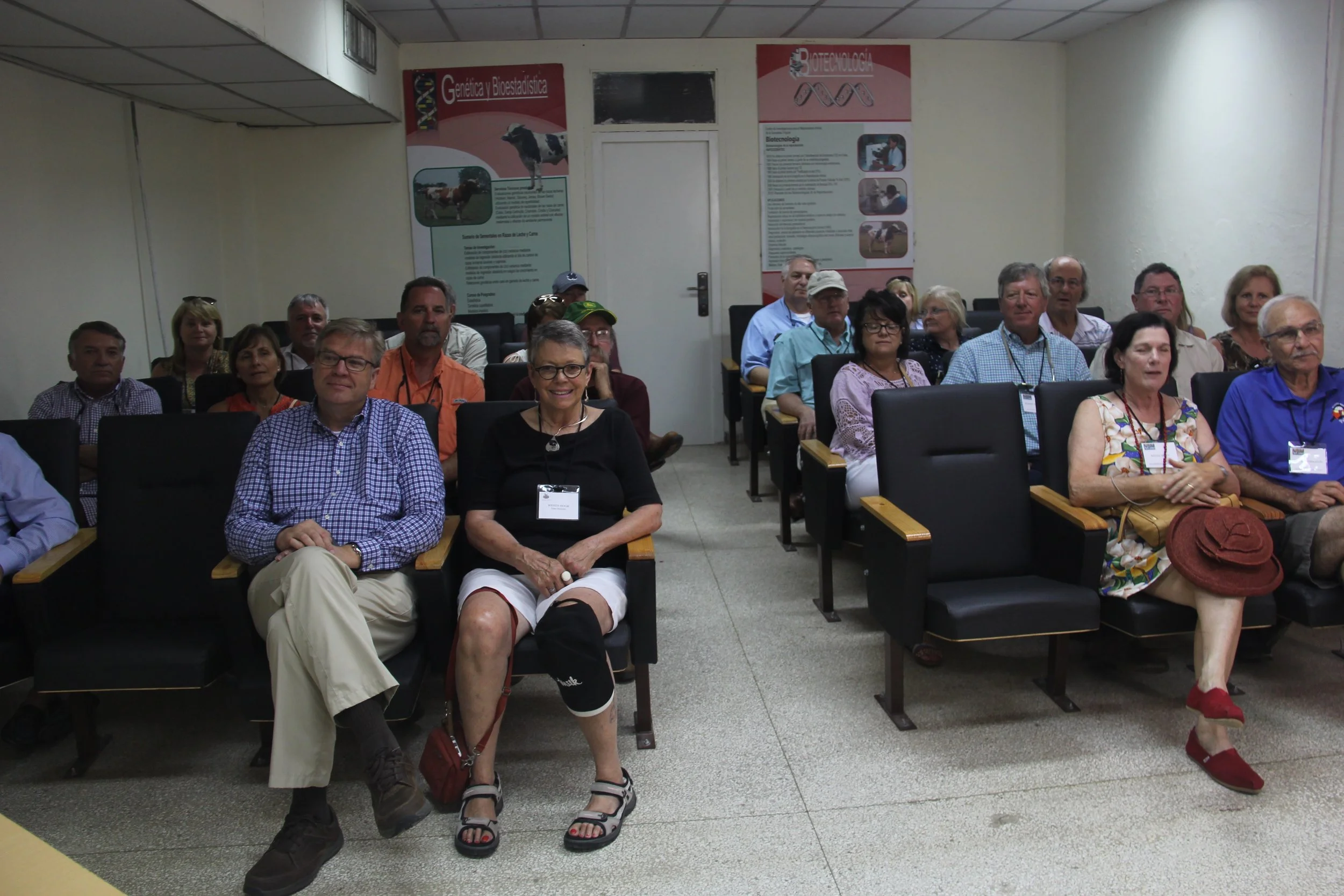 The tour gets ready to watch a film on genetic preservation in Cuba.
