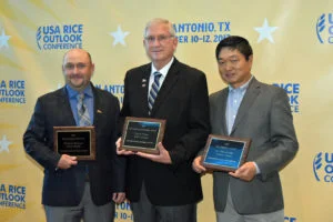 2017 Rice Award recipients: (from left) Rice Farmer of the Year, Christian Richard; Rice Lifetime Achievement Award, Chuck Wilson; and Rice Industry Award, Xueyan Sha.