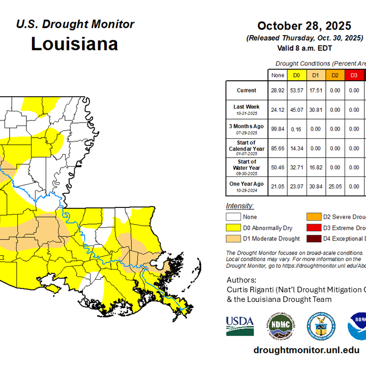 Louisiana Drought Status: Thru 28 Oct 2025