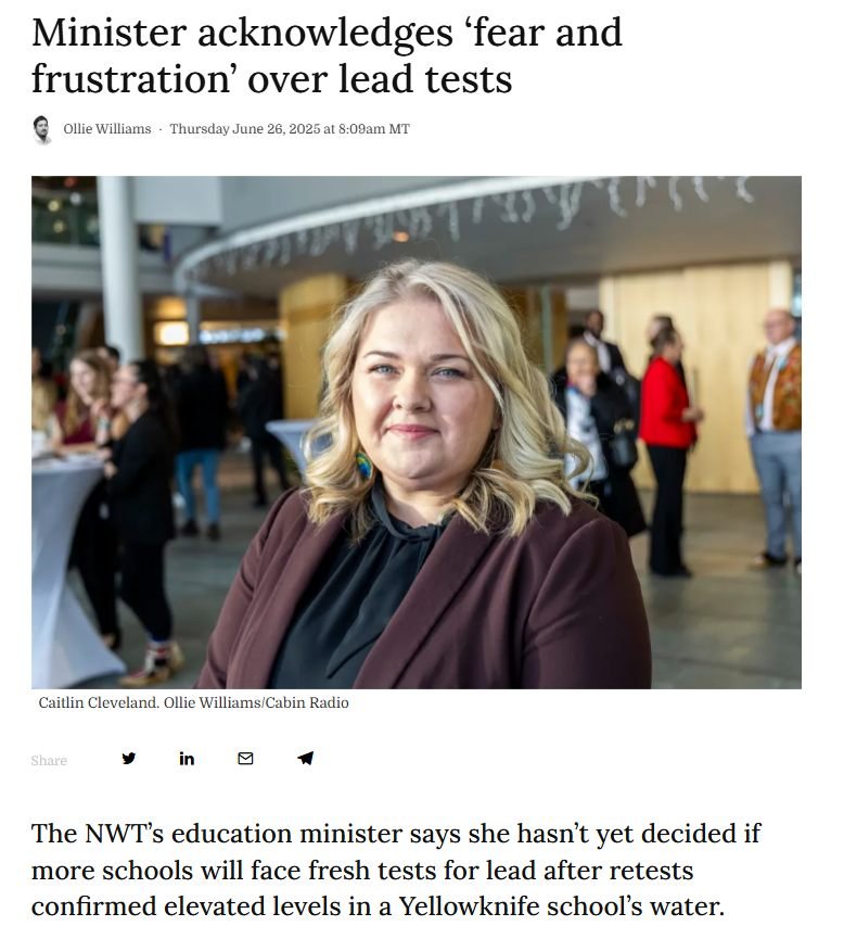 Thank you to the Frame Lake residents who have reached out to me with concerns about the ongoing issue of lead being identified in local school's water systems. The results are concerning, and I have been in close contact with the Minister of ECE abo