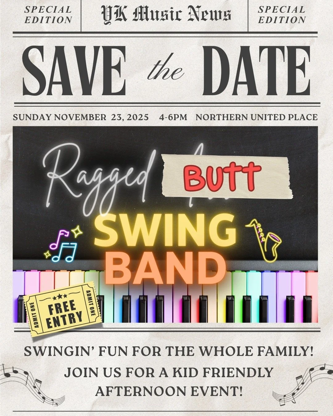The Ragged Butt Swing Band presents a free kid friendly concert this weekend! 
📅Sunday, November 23
🕓 4&ndash;6 PM
📍 Northern United Place

Details ➜ https://www.facebook.com/events/25936804255907005