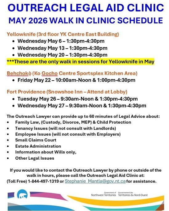 The Outreach Legal Aid Clinic provides up to 60 Minutes of legal advice to residents. Their walk-in clinic schedule for May is available now! 

If you have any questions about the clinic reach out to 1-844-497-1319