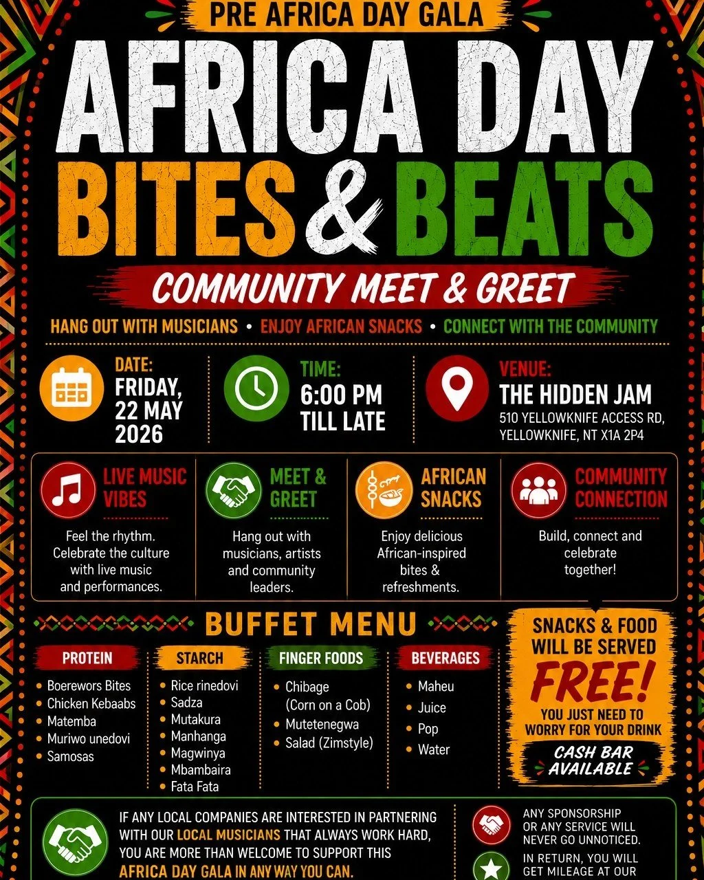 Pre-Africa Day Gala: Bites &amp; Beats

Along with several of my fellow MLAs, I'm happy to contribute to the free event, Africa Day Bites &amp; Beats, that brings our community together through music, food, culture, and creative exchange.

The evenin