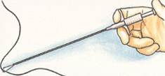 Jaws are advanced to grasp suture. Releasing the plunger retracts the jaws and suture into the needle shaft.