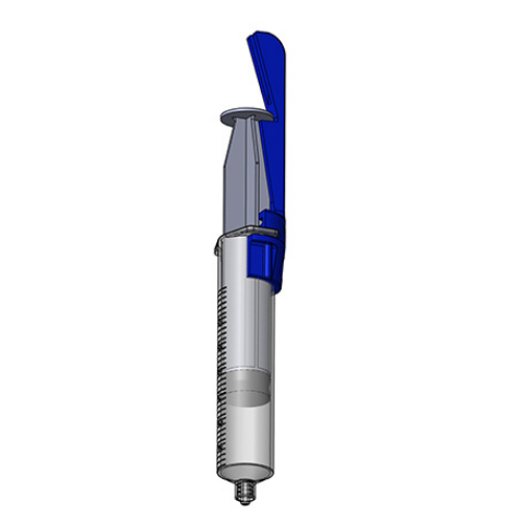 Syringe pulled back to first of two locations to control vacuum pressure and aspirate volume. 