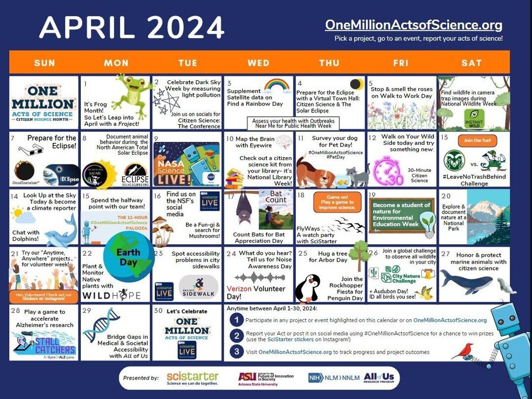 Celebrate #CitizenScienceMonth with #OneMillionActsOfScience. Download the graphic at https://buff.ly/3wYr1Ny. Get involved with @SciStarter and #CitizenScienceMonth2024 at https://buff.ly/3axcEiw.