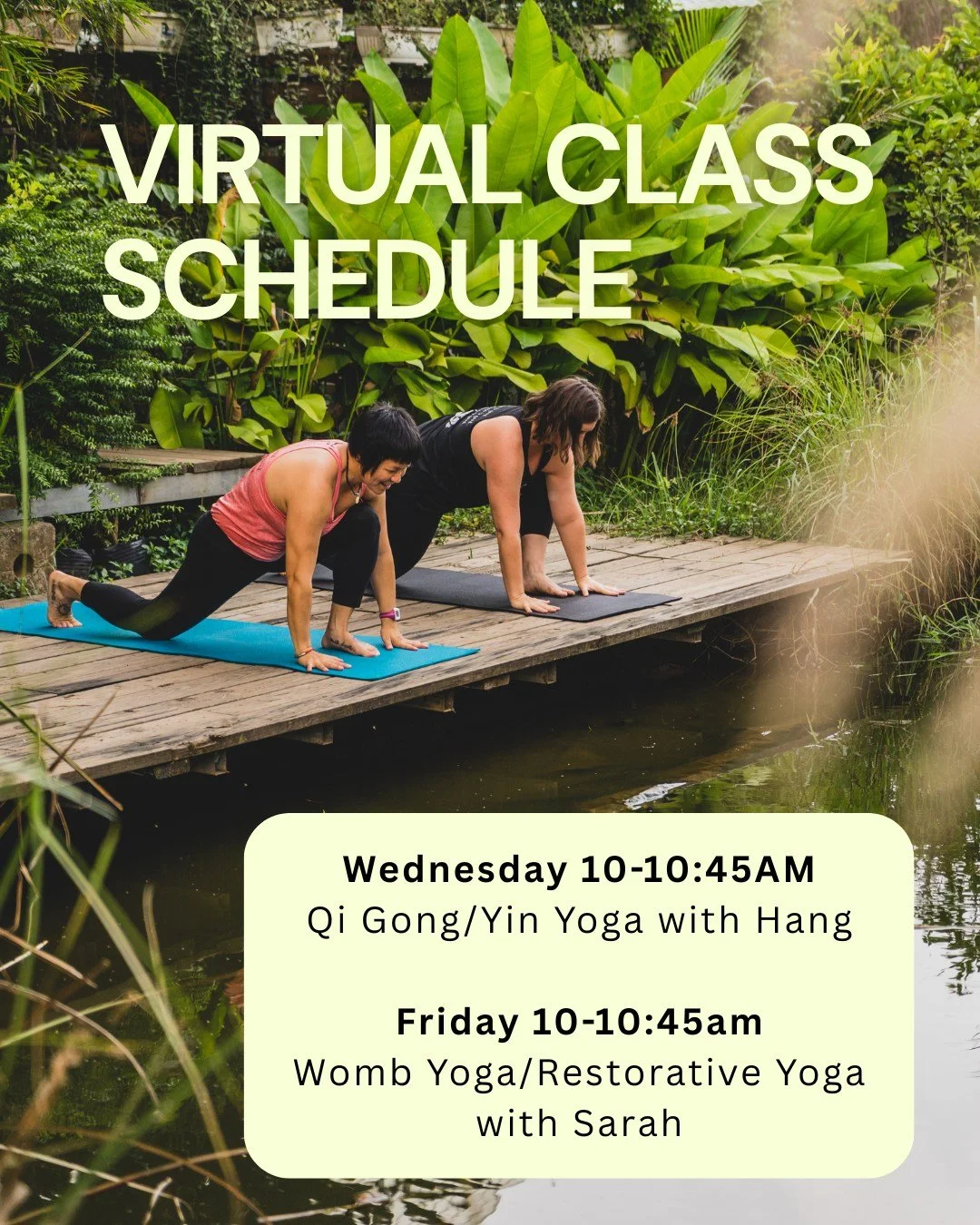 Our live virtual classes begin this week! Join us from the comfort of your home to move, breathe and smile with us. This week we begin with Qi Gong and Womb Yoga. 

🙏 Qi Gong or Yin Yoga (alternating weekly) with Hang
Tuesday | 6pm-6:45pm EST (Toron