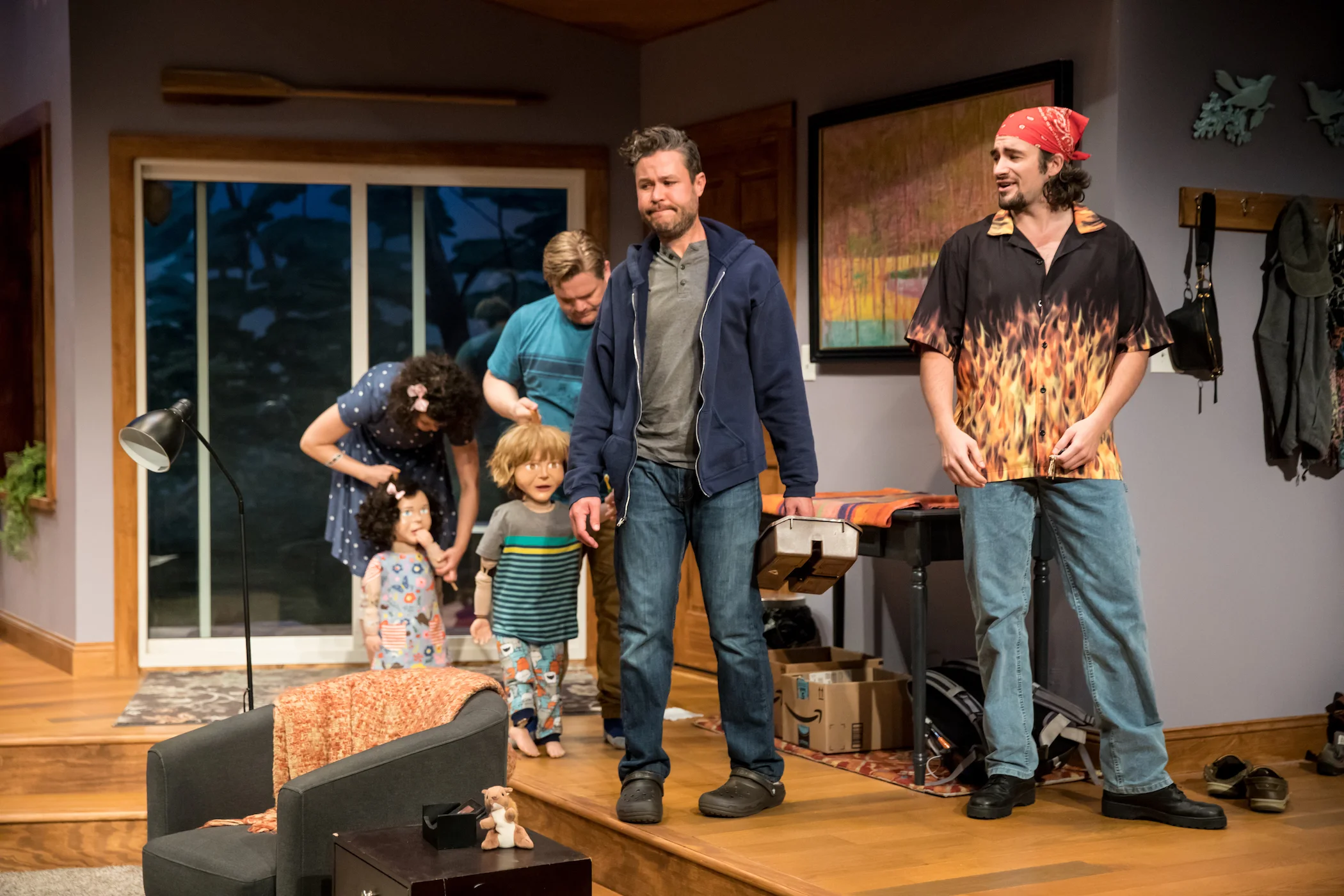 Photo by Dan Norman . L-R: Evie ( Megan Burns ), Oscar ( Reed Sigmund ), Brad ( John Catron ) and Calvin ( Nate Cheeseman )