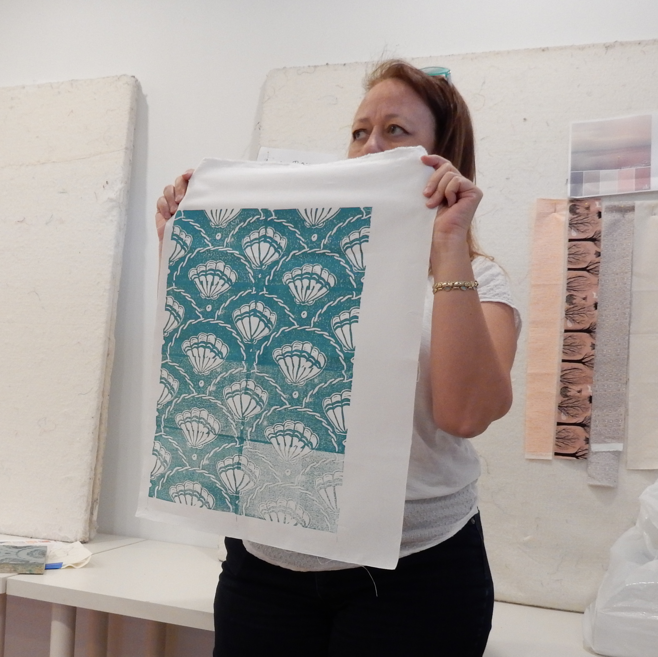 Debby showed a sample of fabric she'd printed at a workshop at IS Designs.