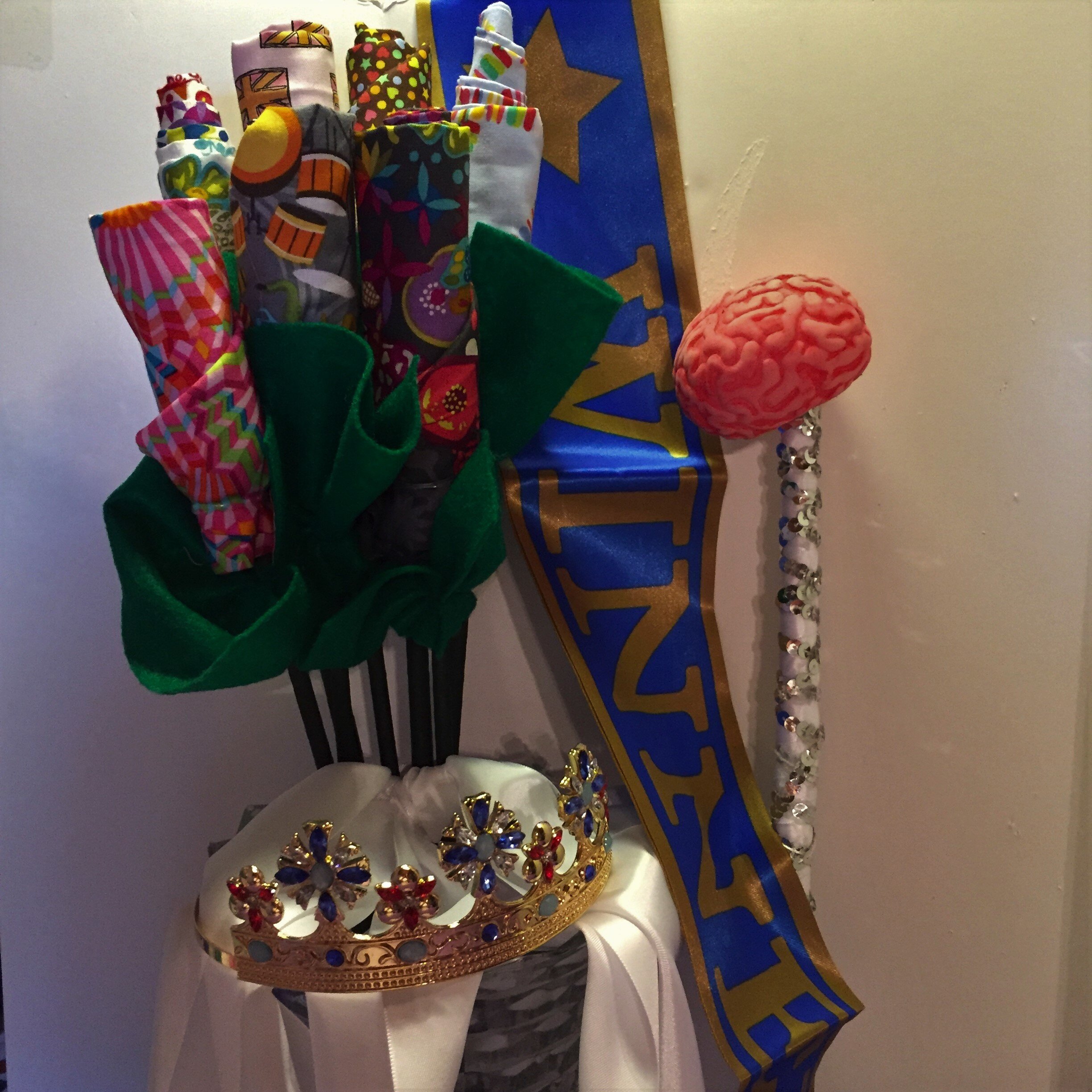  QAL Queen crown, sash, fabric flower bouquet and brain scepter 