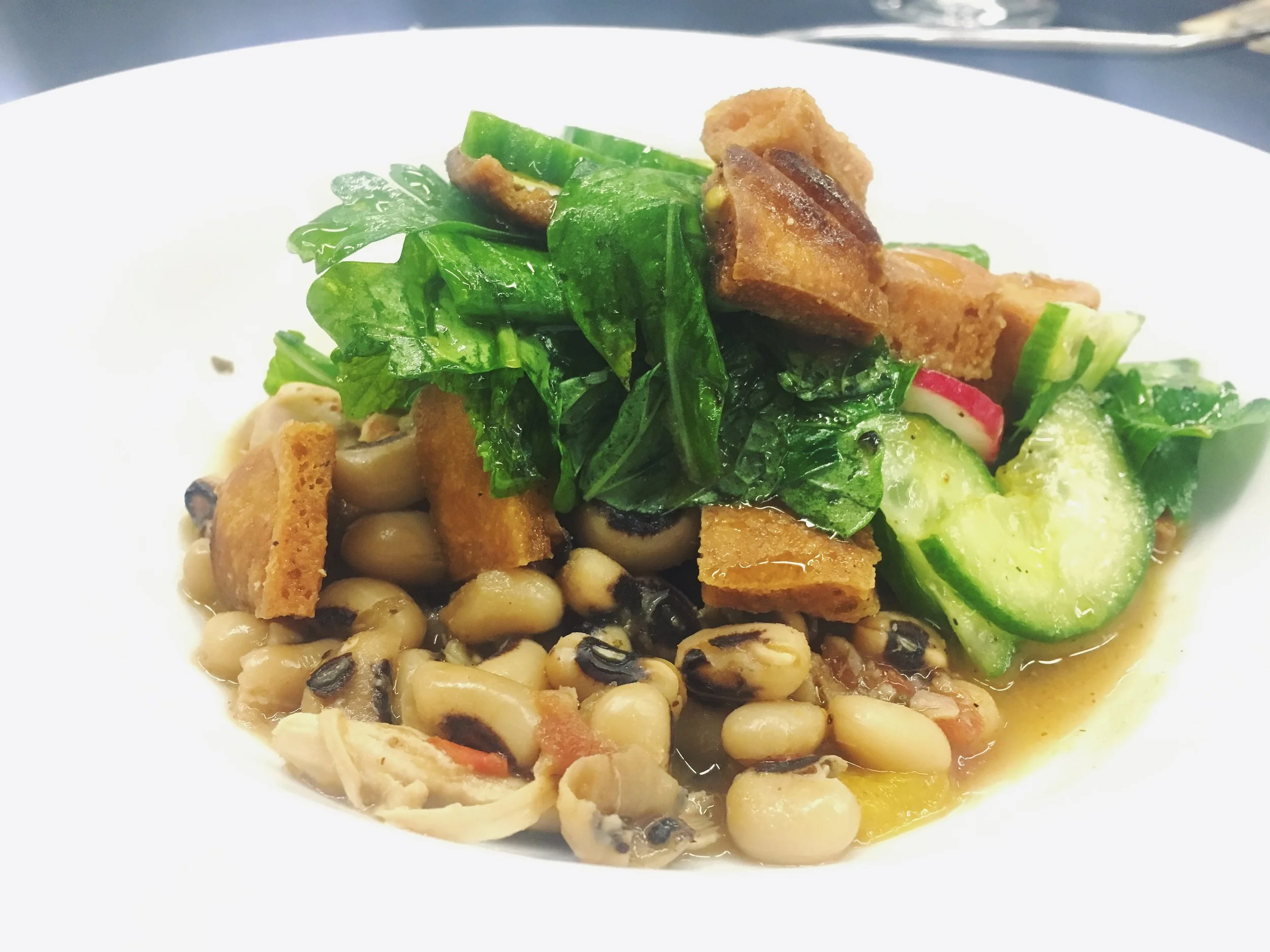 Fatoush w/ Black-eyed pea pepper stew