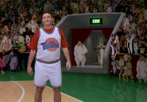 Bill Murray making a surprise entrance to show off his basketball skills.