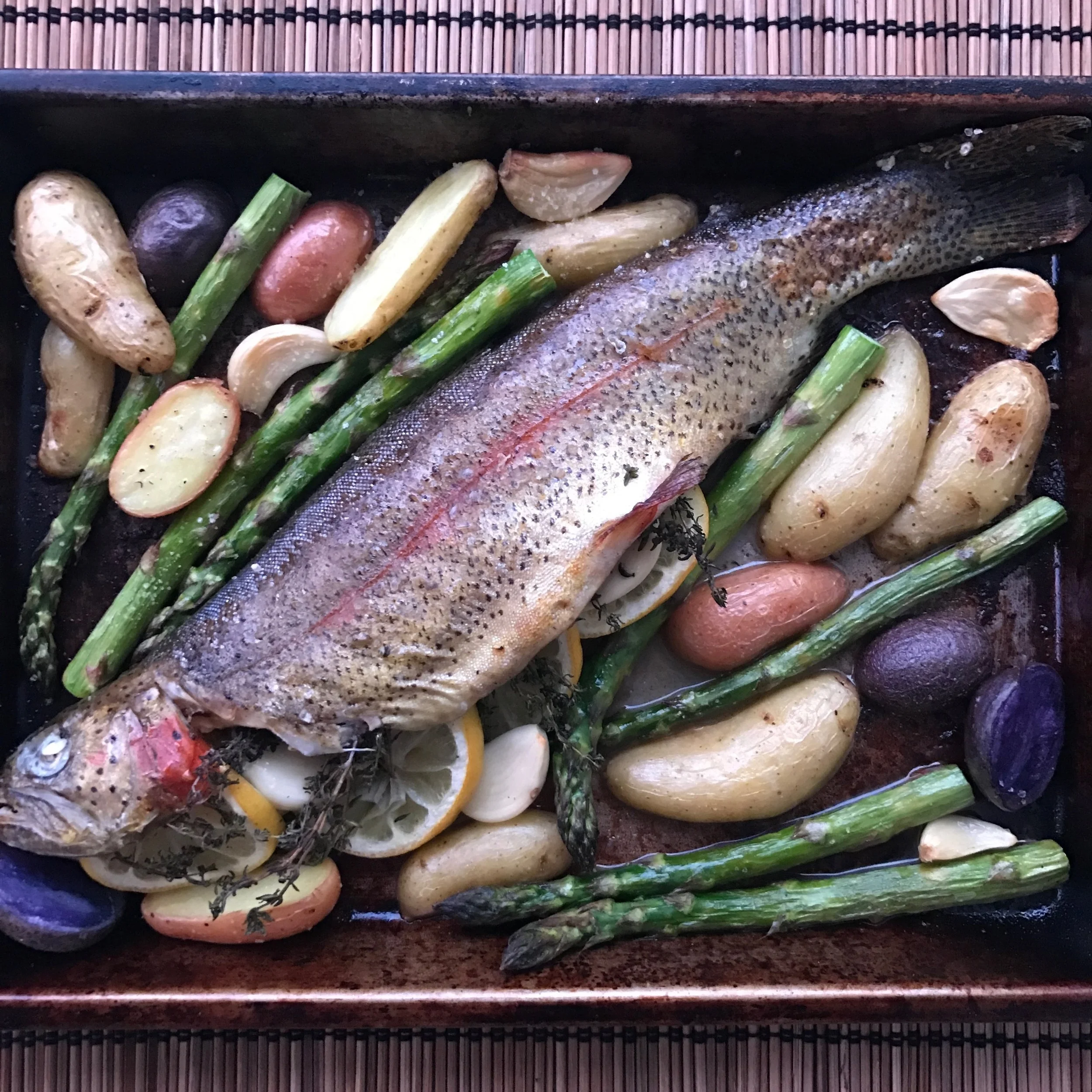 Dank Eats Recipe: Lemon & Thyme Whole Roasted Rainbow Trout With Fingerling Potatoes & Asparagus