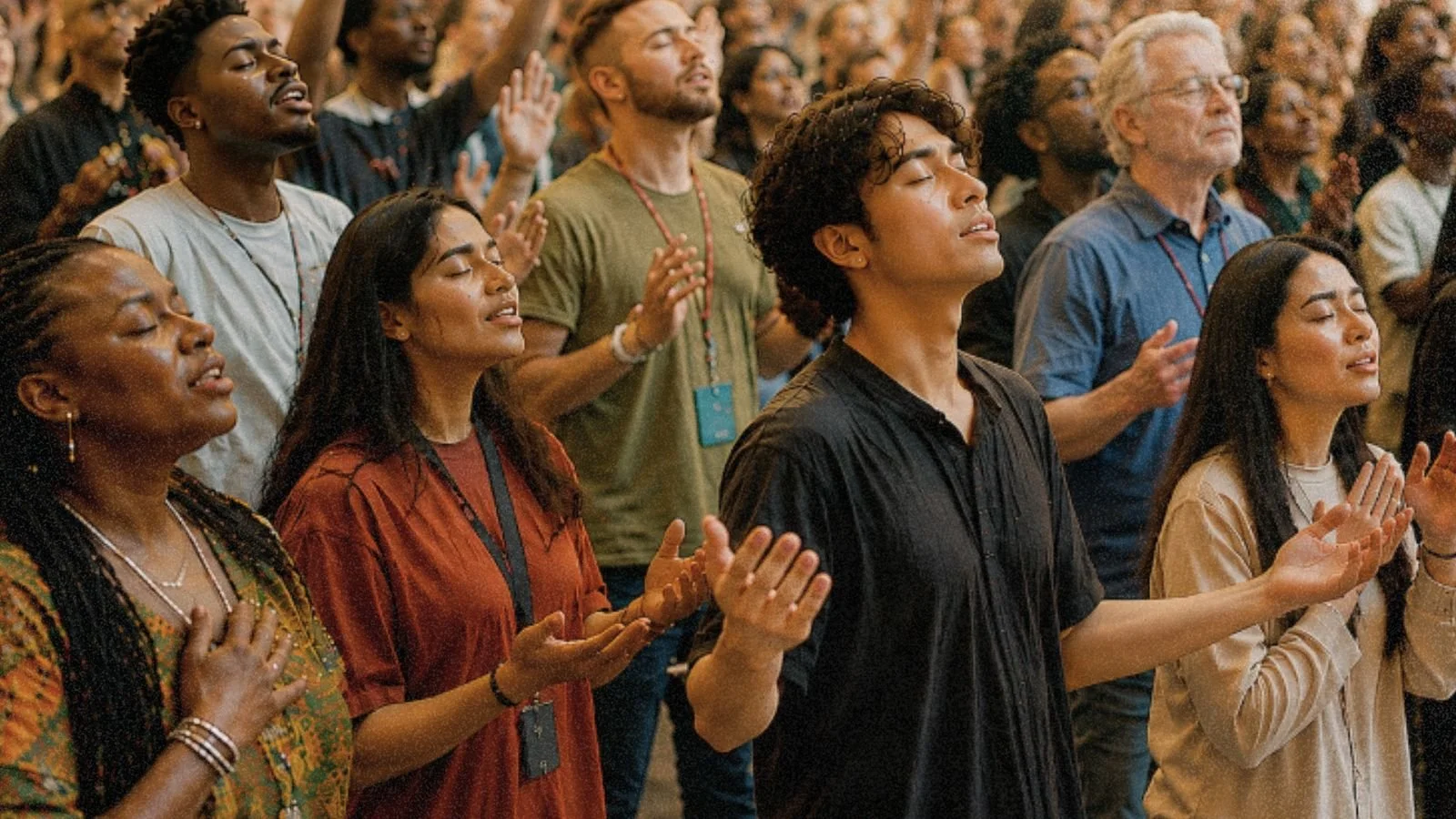 People from different nations, tribes, and cultures worshiping God, inspired by Revelation 7:9.