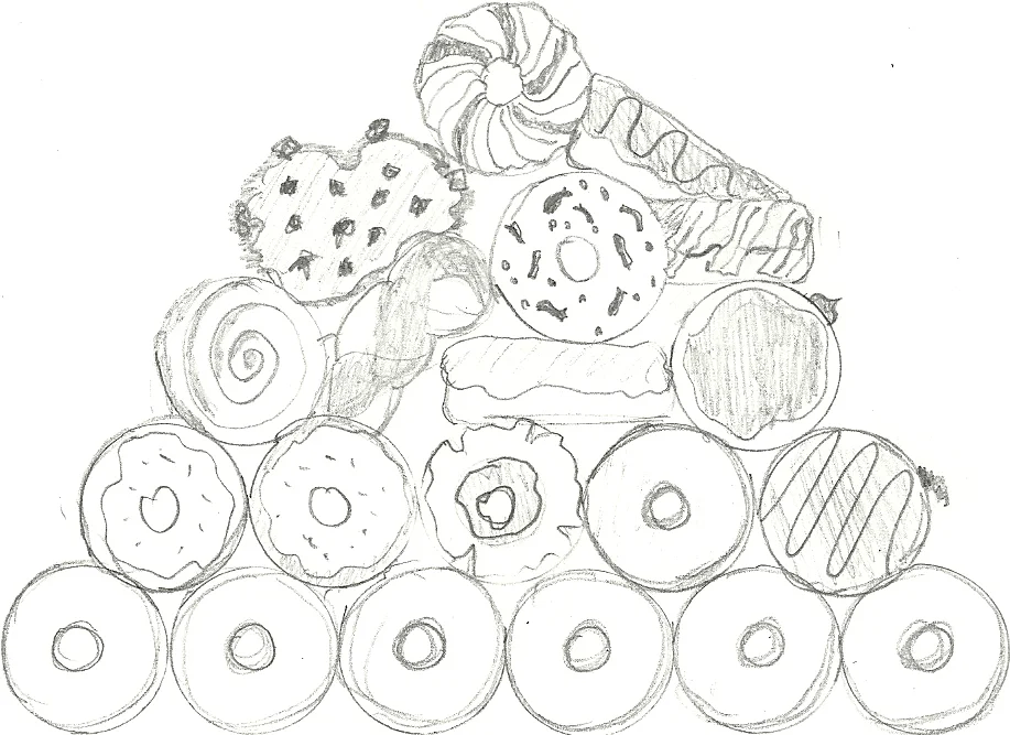 Bottom Row 1 (L-R)): Plain cake doughnuts. Row 2: Cake w/frosting and sprinkles, chocolate cake w/ frosting and sprinkles, Old-fashioned, Raised and glazed, Glazed jelly-filled. Row 3: Cinnamon bun, cinnamon and sugar swirl, maple bar, Bismark w/ chocolate frosting. Row 4: Apple fritter, coconut crunch, maple-bacon bar. Vying for the top: French cruller, custard-filled maple bar.