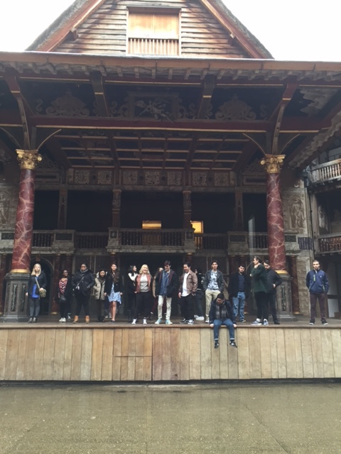 Members of the class on stage at The Globe, right after making a grand entrance through the upstage double doors, from the tiring room.