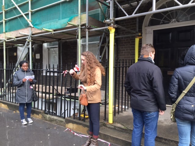 An example of a performance outside an incomplete site just off of Bedford Square.